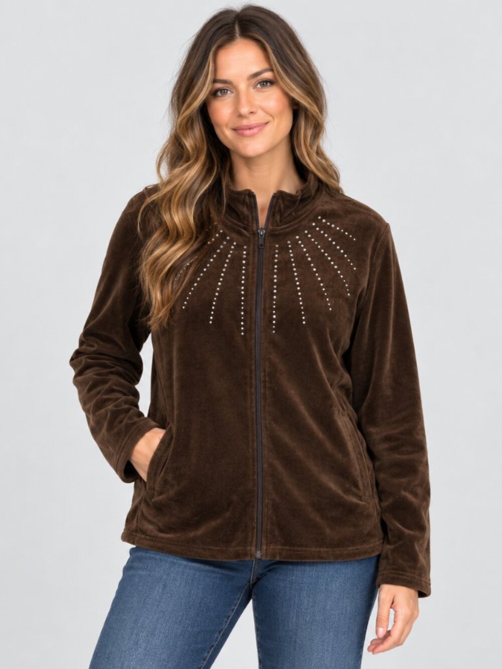 Erika Women’s Large Brown Velour Zip Jacket Rhinestone Studded Y2K Track Top 90s